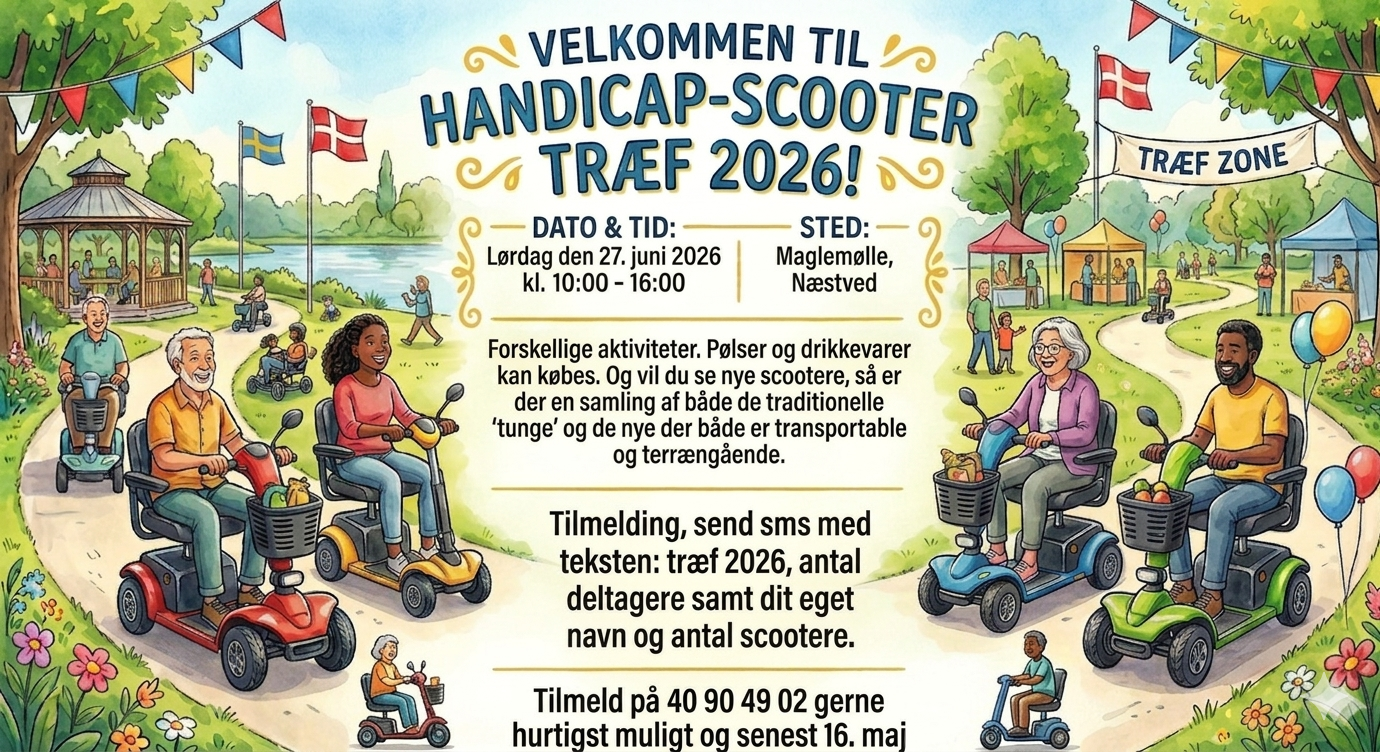 Velkommen til Handicap-scooter træf 2026!
Forskellige aktiviteter. Pølser og drikkevarer kan købes. Og vil du se nye scootere, så er der en samling af både de traditionelle ”tunge” og de nye der både er transportable og terrængående.
Tilmelding, send sms med teksten: træf 2026, antal deltagere samt dit eget navn og antal scootere.
For mere info: Ring 40 90 49 02