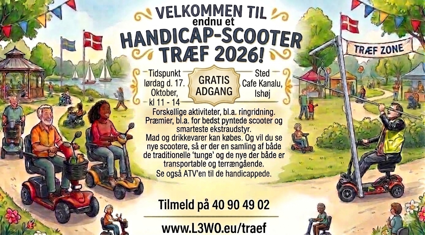 Velkommen til Handicap-scooter træf 2026!
Forskellige aktiviteter, bl.a. ringridning fra scooter. Pølser og drikkevarer kan købes. Og vil du se nye scootere, så er der en samling af både de traditionelle ”tunge” og de nye der både er transportable og terrængående.
Tilmelding, kontakt os på telefon 40 90 49 02